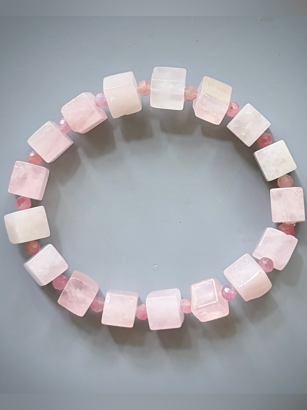 Rose Quartz Cubes and Pink Tourmaline Handcrafted Bead Bracelet